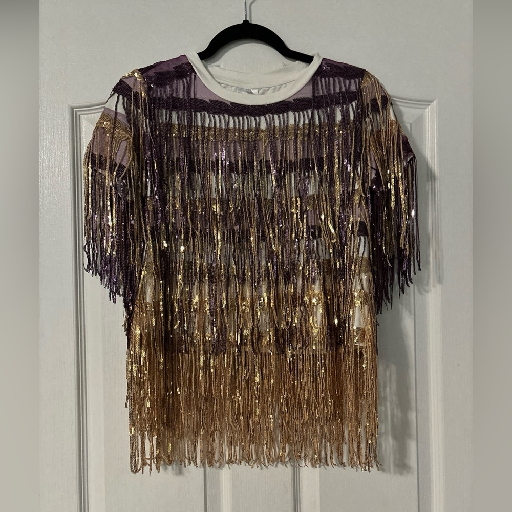 QUEEN OF SPARKLES PINATA SEQUIN SLEEVE PURPLE AND GOLD SHIRT XS NWT ECU / LSU
